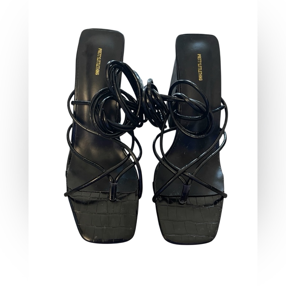 PrettyLittleThing Black Thin Wrap Straps Heel Sandals  SZ 6
